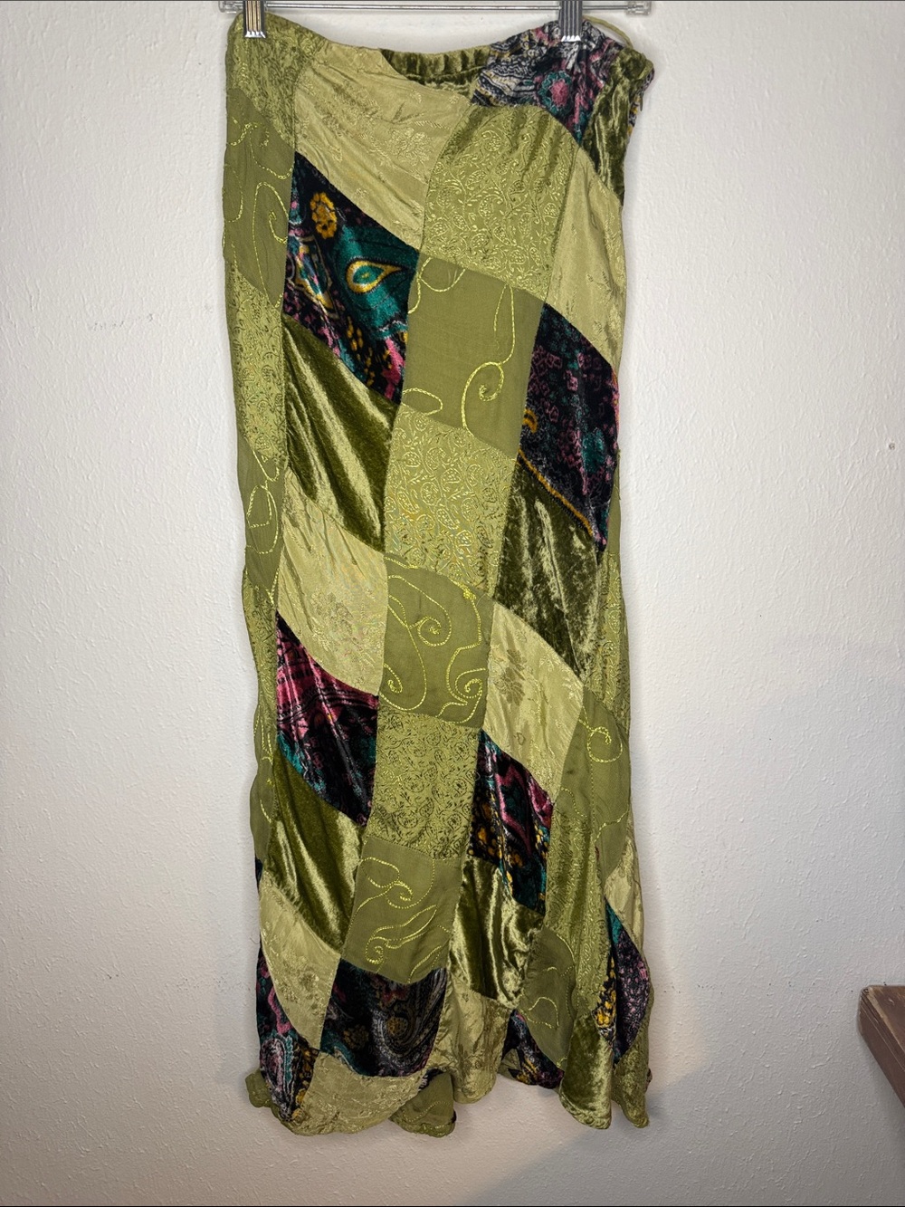 Blue Plate Velvet-Trim Patchwork Maxi Skirt in Olive and Jewel Hues